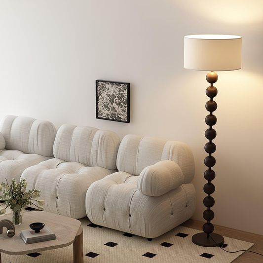 Floor Lamp with Stacked Wooden Spheres and Fabric Drum Shade