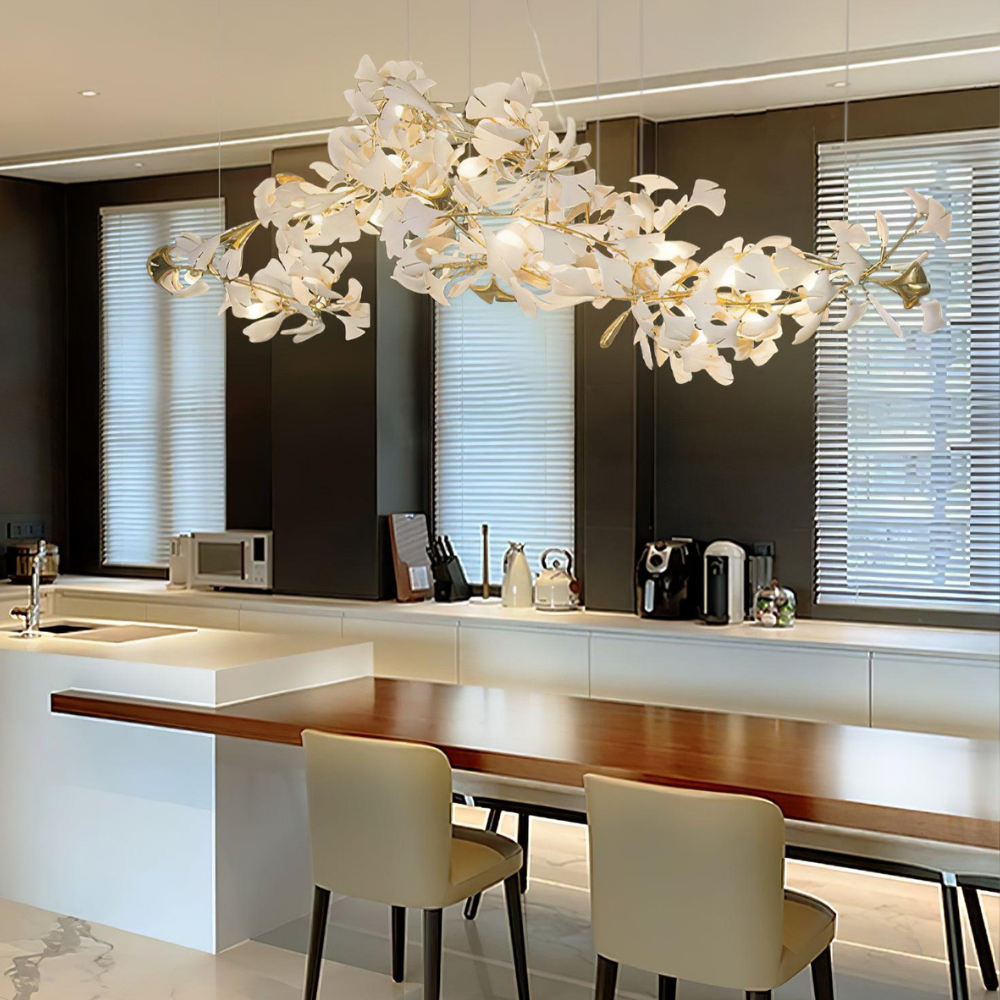 Sputnik Chandelier with Ceramic Ginkgo Leaves - Modern Art Deco
