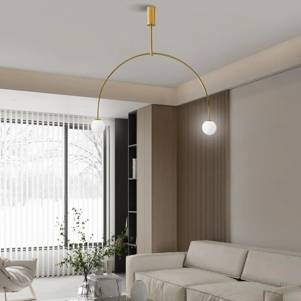 Chandelier with Arched Metal Frame and Glass Globes - Modern Mid Century