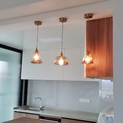 Hammered Glass Pendant Light with Rippled Texture - Vintage Brass Style