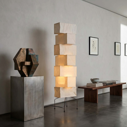 Floor Lamp with Stacked Staggered Rice Paper Lanterns and Metal Hairpin Legs