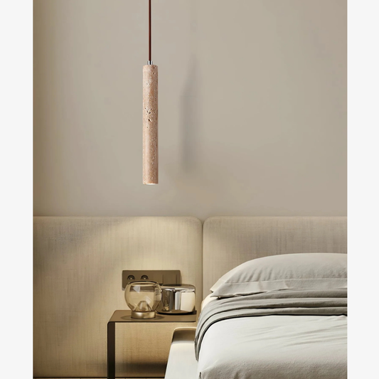 Natural Travertine Pendant Light with Integrated LED - Minimalist Japandi Stone