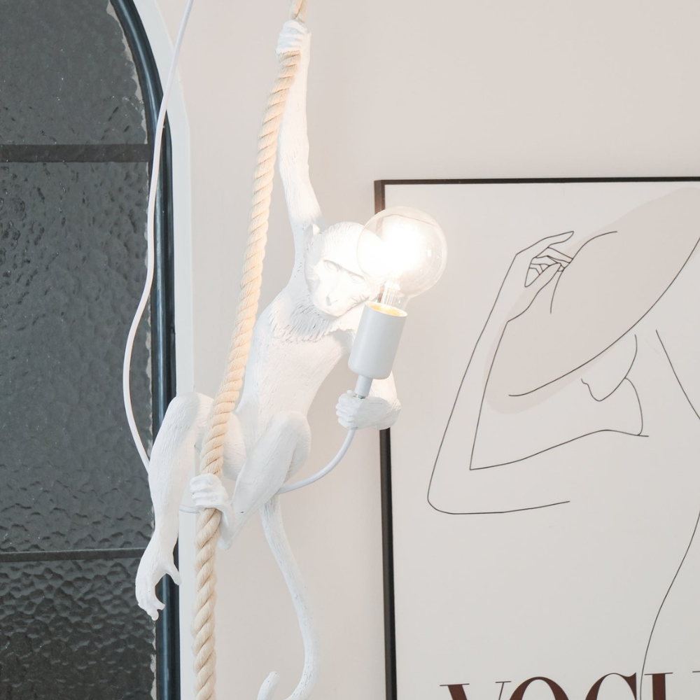 Whimsical Climbing Monkey Rope Pendant - Sculptural Animal Art Hanging Lamp