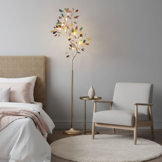 Floor Lamp with Natural Agate Stone Leaves and Metal Branching Frame