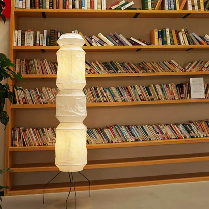 Floor Lamp with Stacked Mulberry Paper Lantern Column and Iron Wire Legs