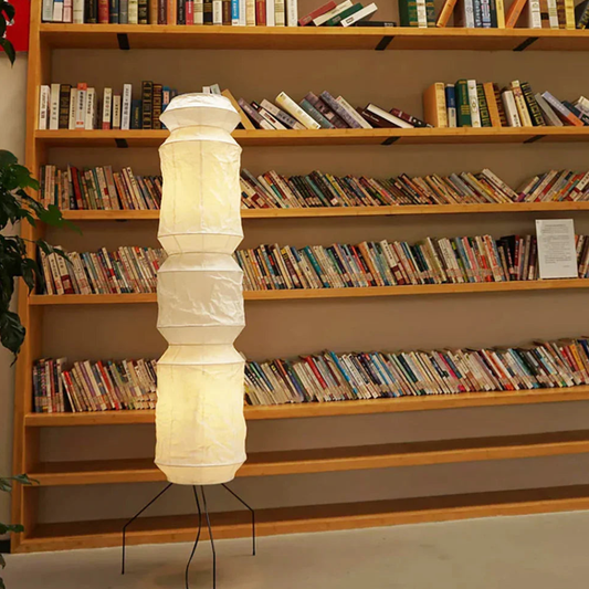 Floor Lamp with Stacked Mulberry Paper Lantern Column and Iron Wire Legs