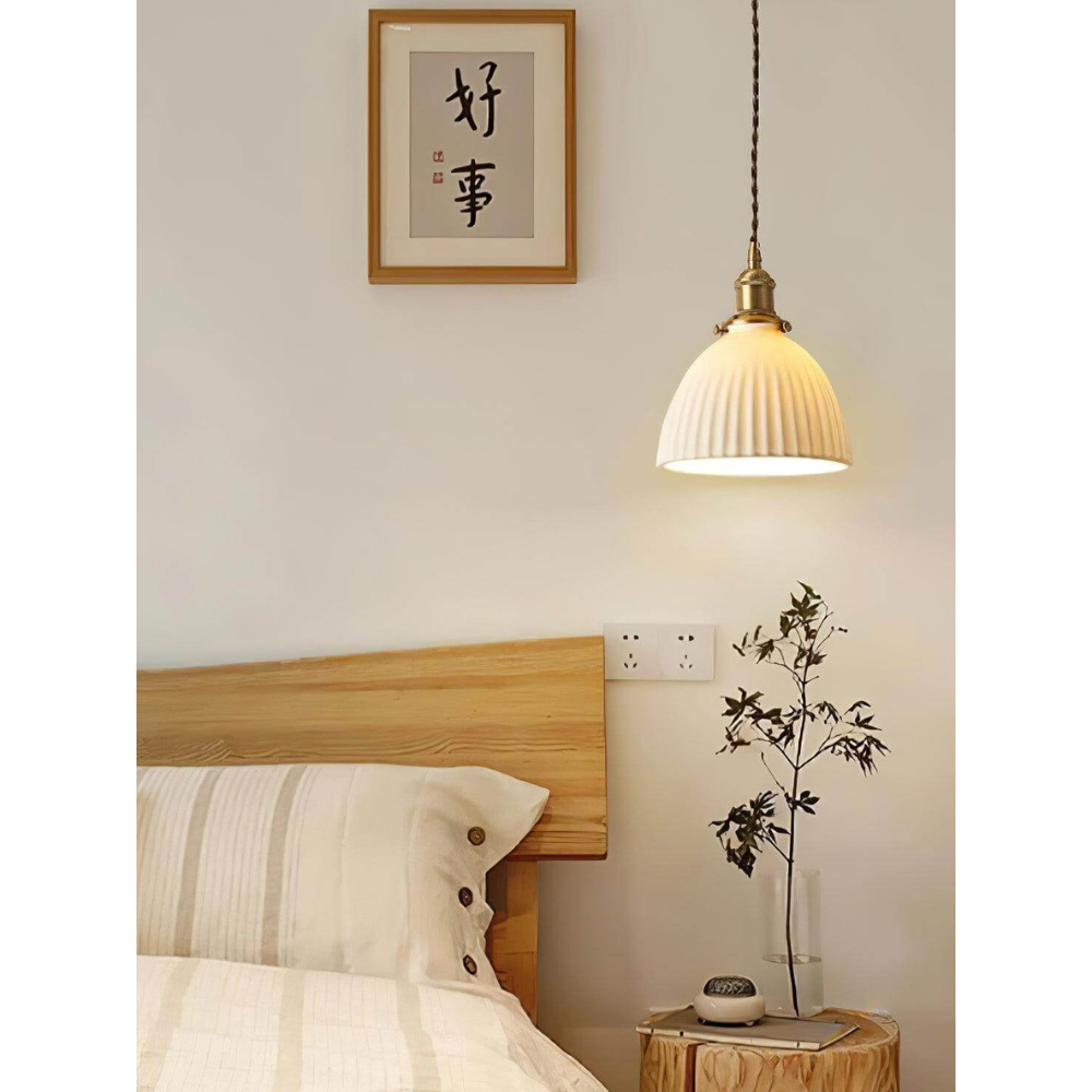 Ribbed Dome Hanging Lamp in White Ceramic - Scandinavian Style Decor