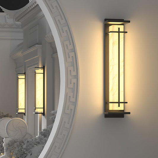Outdoor LED Porch Lights with Faux Alabaster Column - Modern Mission