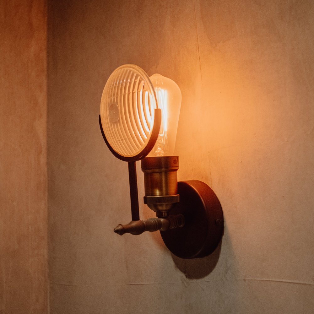 Industrial Wall Sconce with Fresnel Glass Lens - Vintage Ribbed Brass