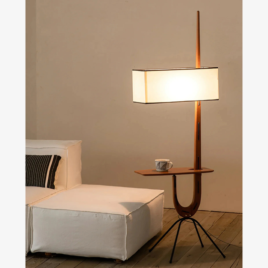 Modern floor lamp with Integrated Shelf and Organic Wooden Frame - Mid-Century