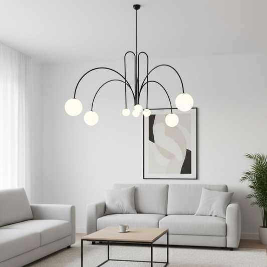 Chandelier with Arched Arms and Frosted Globes - Modern Mid Century