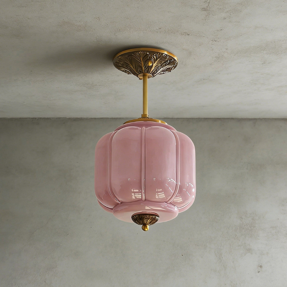 Ribbed Pumpkin Hanging Lamp with Ornate Metalwork - Mid Century Design