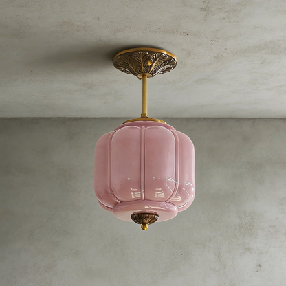 Ribbed Pumpkin Hanging Lamp with Ornate Metalwork - Mid Century Design