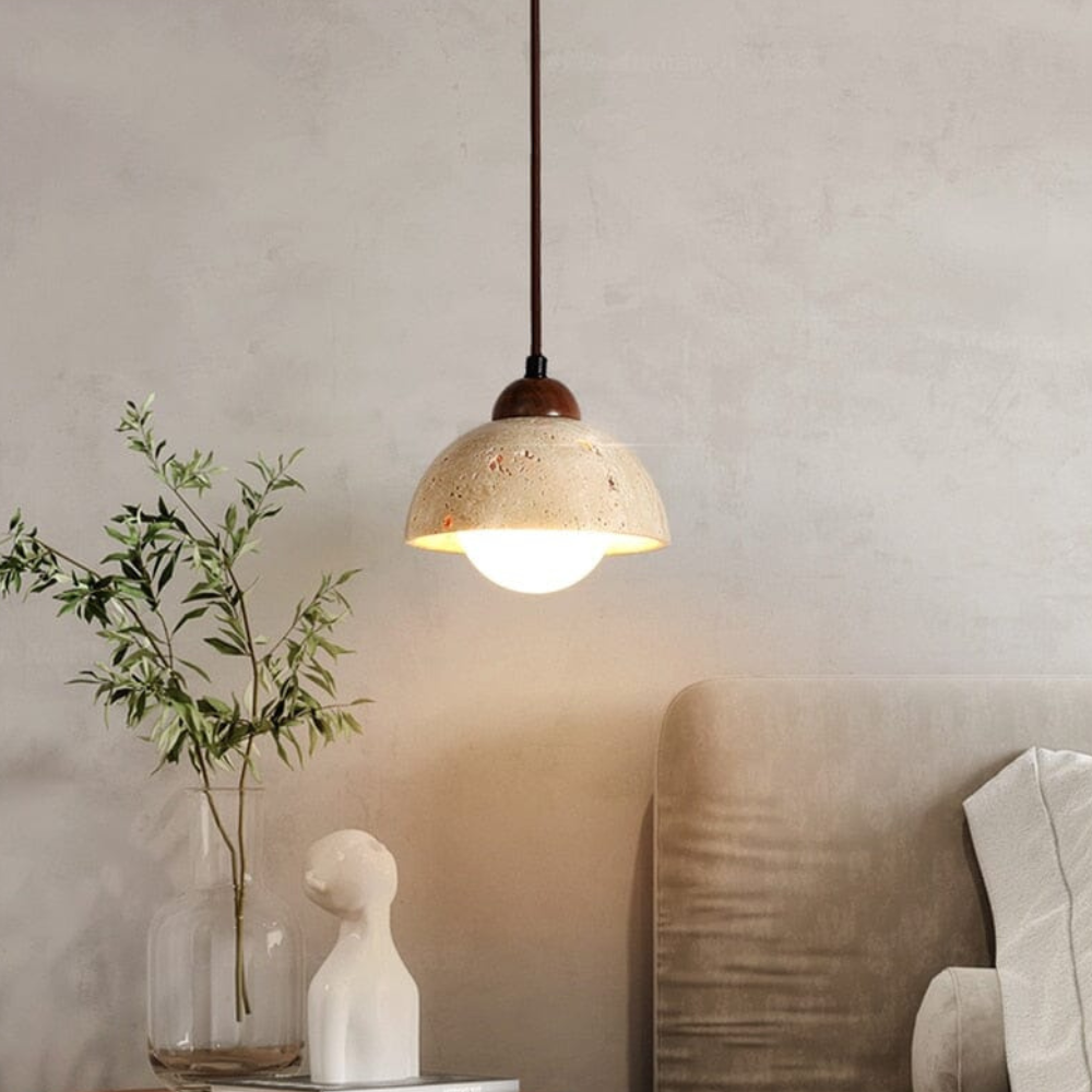 Wabi-Sabi Travertine Style Pendant Light with Solid Wood - Modern Earthy Decor