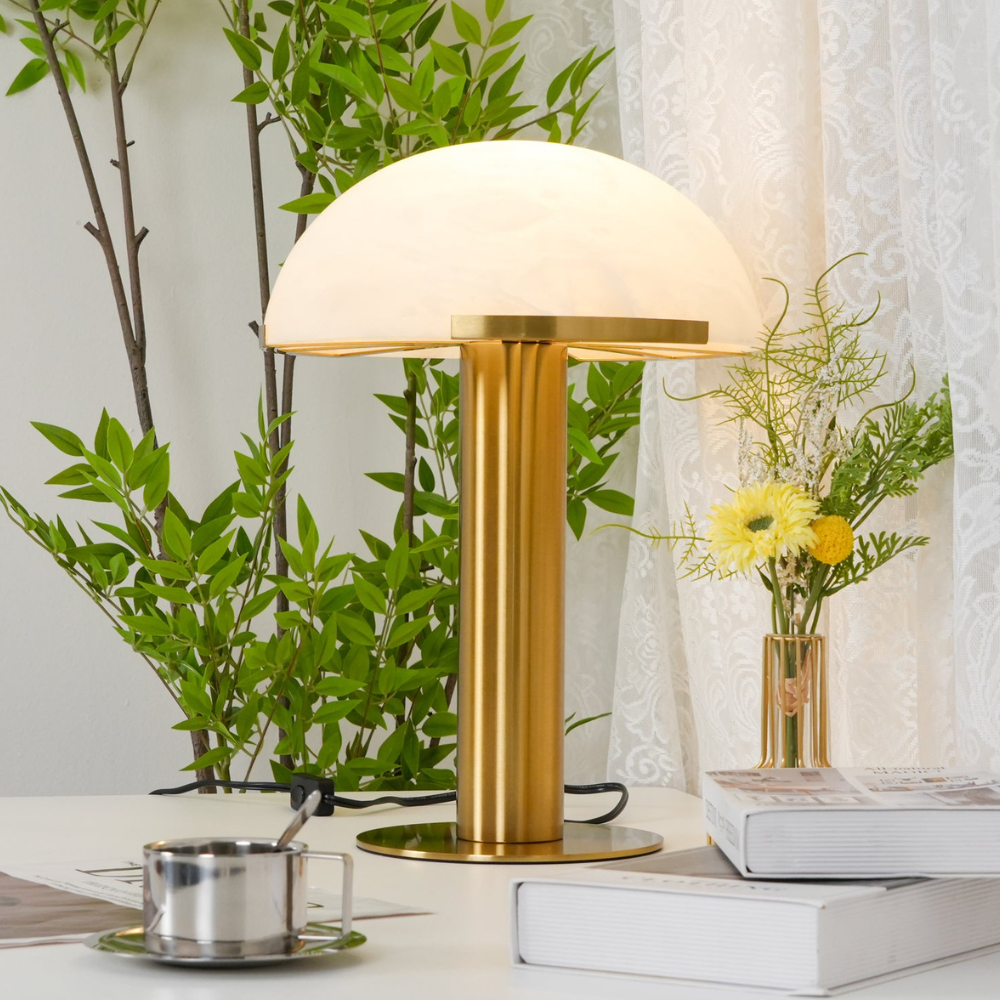 Glass and Alabaster Dome Table Lamp with Metal Base - Mid Century Modern