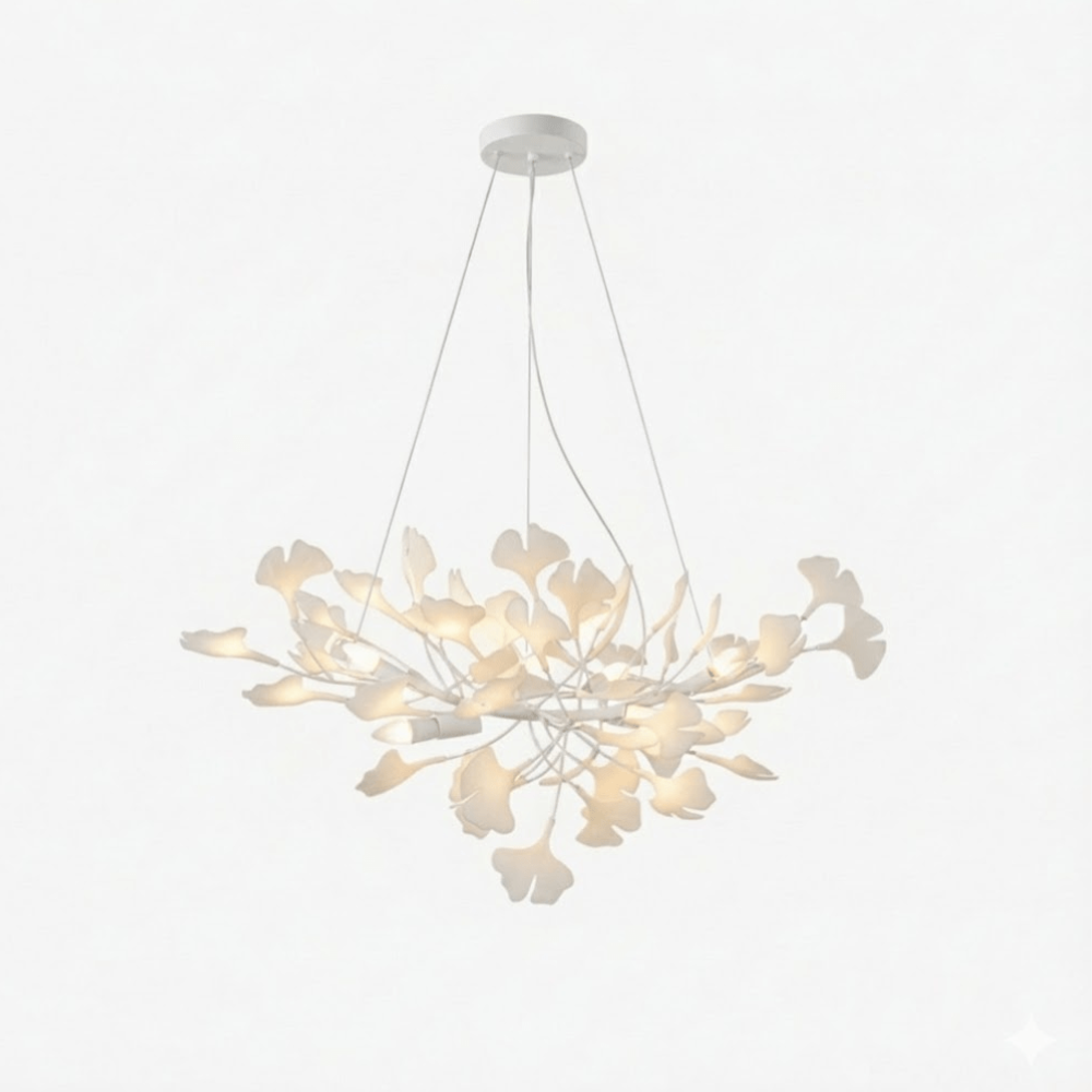 Sputnik Chandelier with Ceramic Ginkgo Leaves - Modern Art Deco
