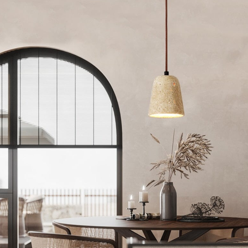 Wabi-Sabi Travertine Style Pendant Light with Solid Wood - Modern Earthy Decor