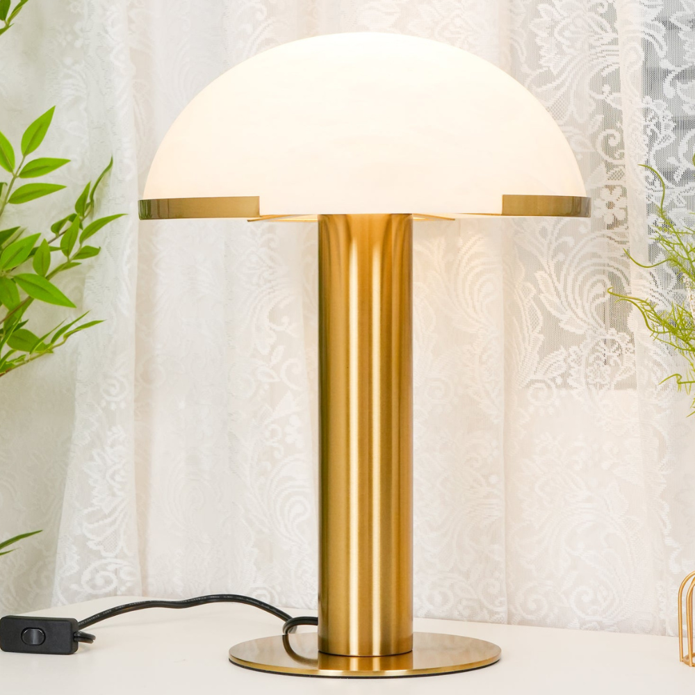 Glass and Alabaster Dome Table Lamp with Metal Base - Mid Century Modern