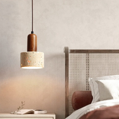 Wabi-Sabi Travertine Style Pendant Light with Solid Wood - Modern Earthy Decor