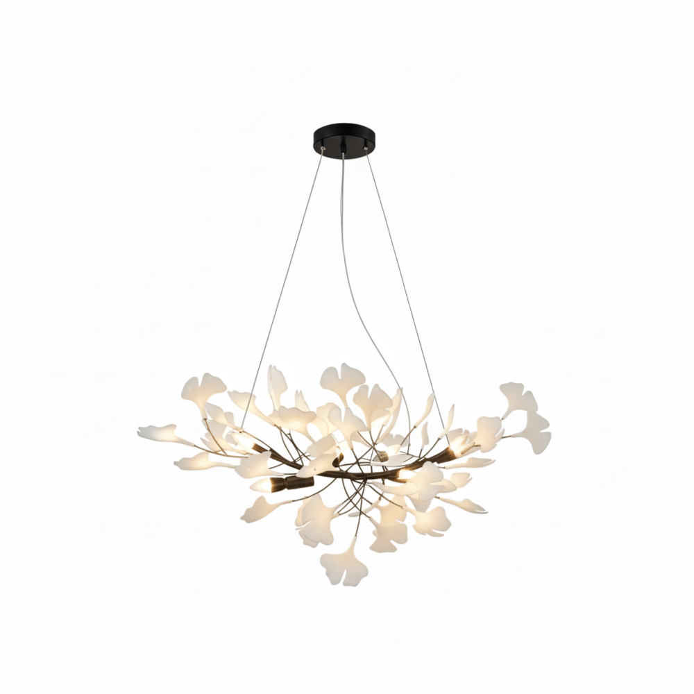 Sputnik Chandelier with Ceramic Ginkgo Leaves - Modern Art Deco