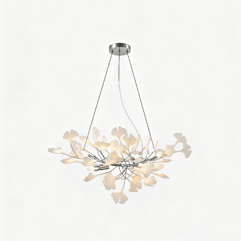 Sputnik Chandelier with Ceramic Ginkgo Leaves - Modern Art Deco