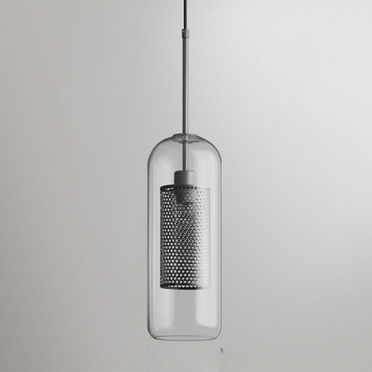 Modern Perforated Metal Glass Pendant - Industrial Layered Mesh Hanging Lamp
