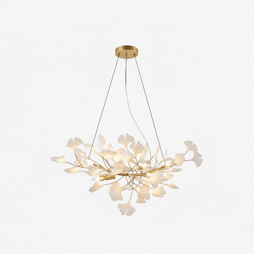 Sputnik Chandelier with Ceramic Ginkgo Leaves - Modern Art Deco