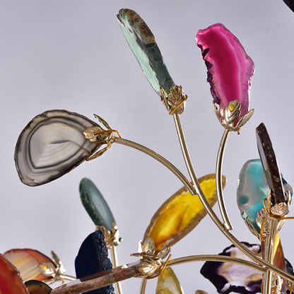 Floor Lamp with Natural Agate Stone Leaves and Metal Branching Frame