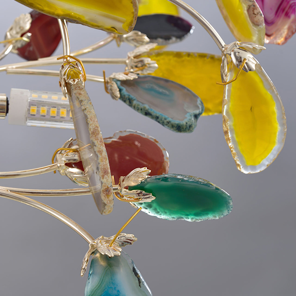 Floor Lamp with Natural Agate Stone Leaves and Metal Branching Frame