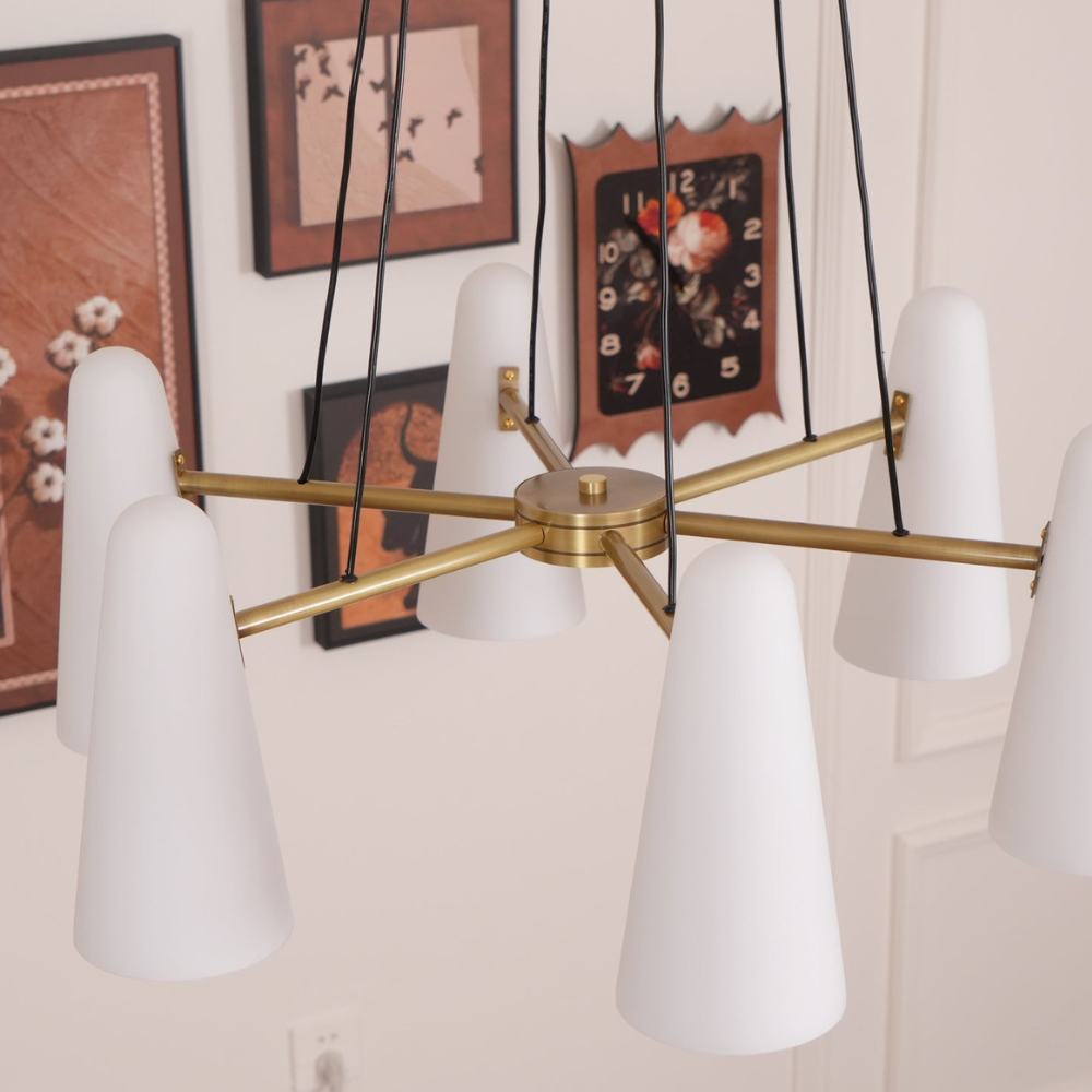 Chandelier with Conical Glass Shades and Metallic Frame - Modern Mid Century