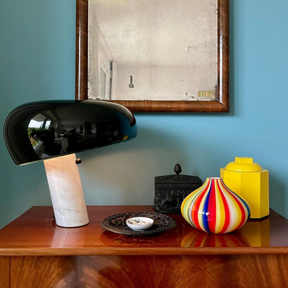 Architectural Marble Base Accent Lamp - Minimalist Glossy Stone Pedestal Light