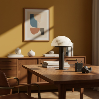Glass and Alabaster Dome Table Lamp with Metal Base - Mid Century Modern