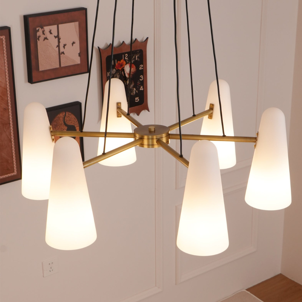 Chandelier with Conical Glass Shades and Metallic Frame - Modern Mid Century