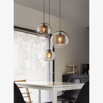 Modern Perforated Metal Glass Pendant - Industrial Layered Mesh Hanging Lamp