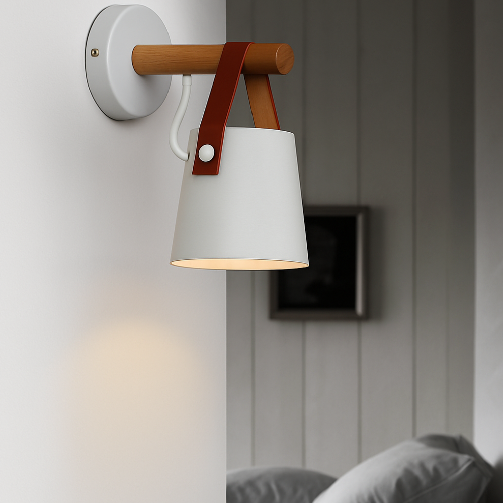 Nordic Leather Strap Wall Sconce with Wood Arm - Modern Conical Hanging Light