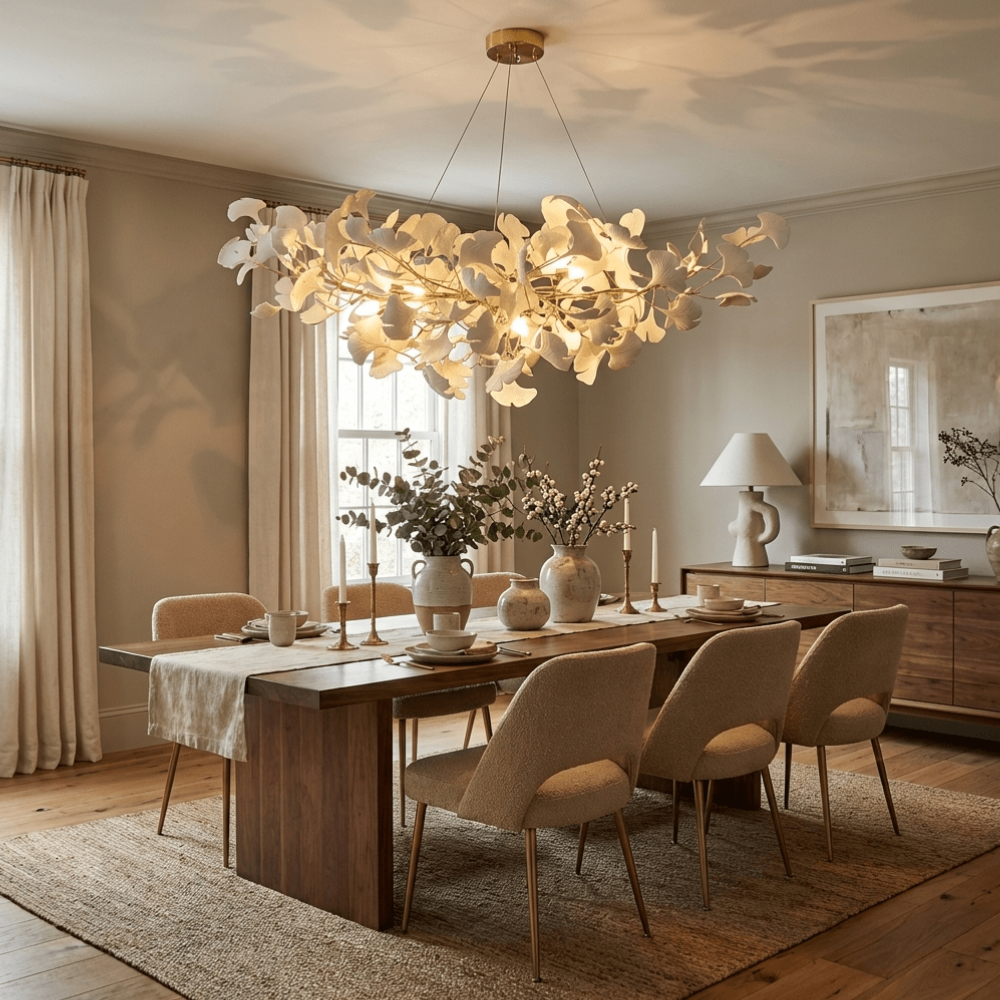 Sputnik Chandelier with Ceramic Ginkgo Leaves - Modern Art Deco