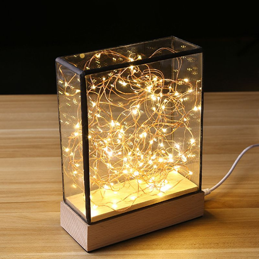 Minimalist LED Fairy Light Glass Box - Decorative Copper Wire Desk Lamp