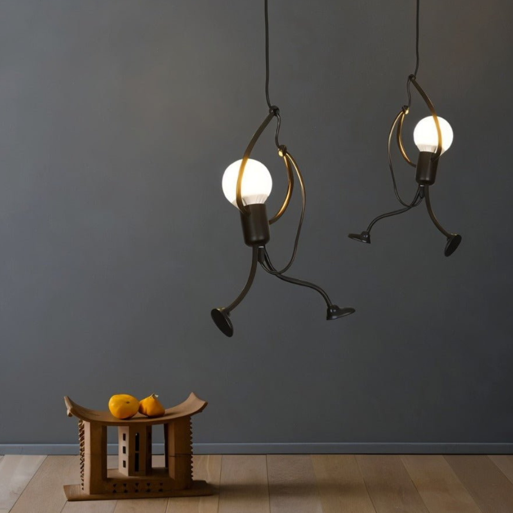 Pendant Light with Iron Figure Frame - Modern Mid Century Industrial