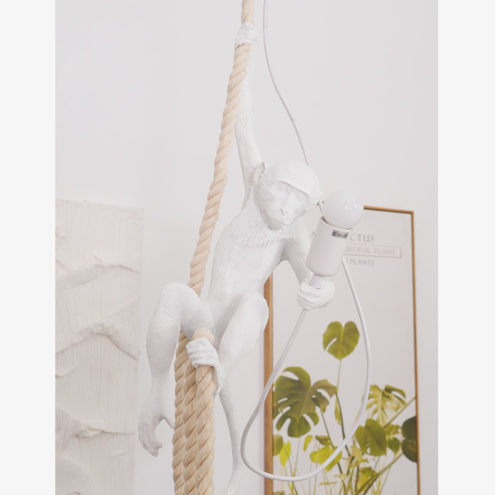 Whimsical Climbing Monkey Rope Pendant - Sculptural Animal Art Hanging Lamp