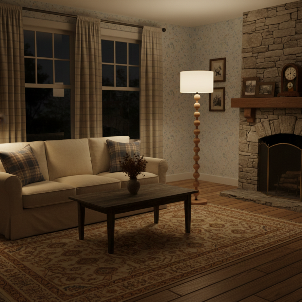Floor Lamp with Stacked Wooden Spheres and Fabric Drum Shade