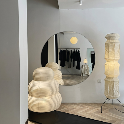 Floor Lamp with Stacked Mulberry Paper Lantern Column and Iron Wire Legs
