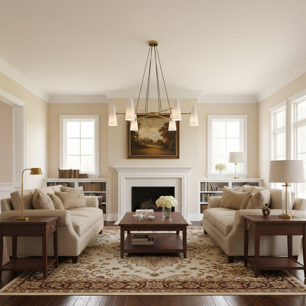 Chandelier with Conical Glass Shades and Metallic Frame - Modern Mid Century