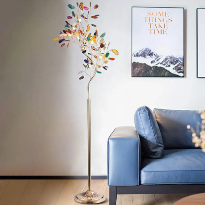 Floor Lamp with Natural Agate Stone Leaves and Metal Branching Frame