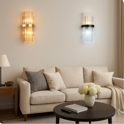 Tiered Crystal Prism Wall Sconce with Metallic Band - Art Deco Style