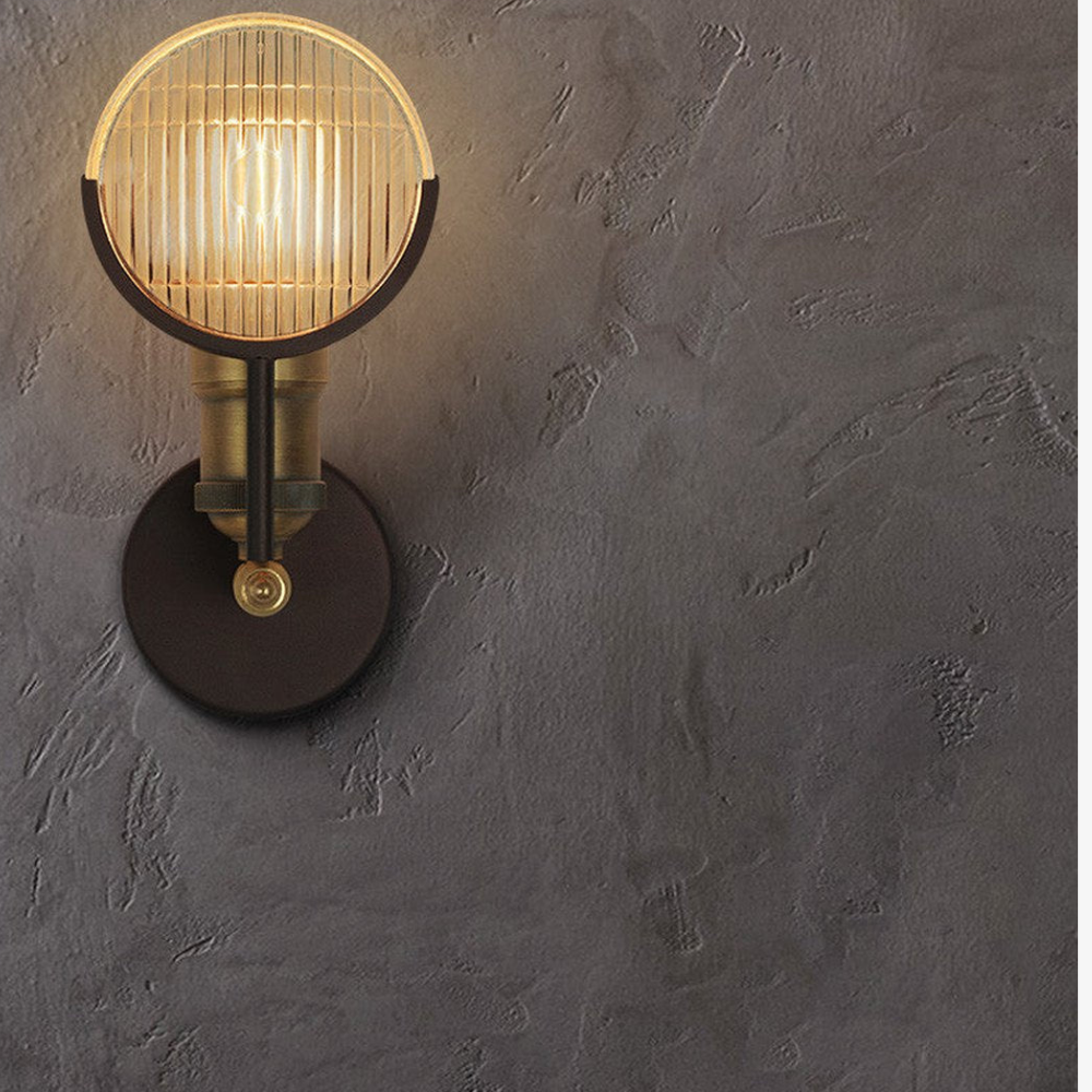 Industrial Wall Sconce with Fresnel Glass Lens - Vintage Ribbed Brass