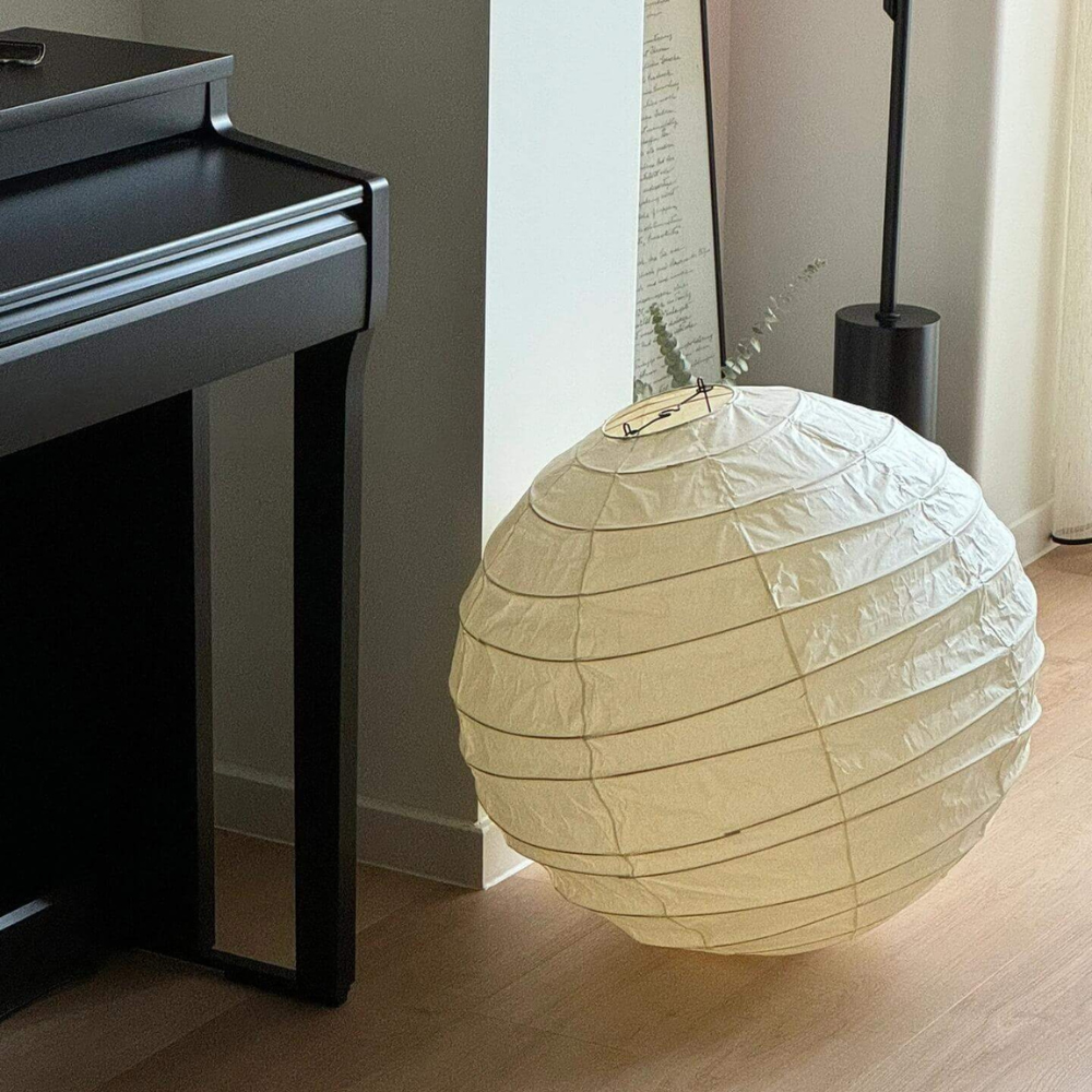 Spherical Ribbed Paper Hanging Fixture - Mid Century Modern Zen Style