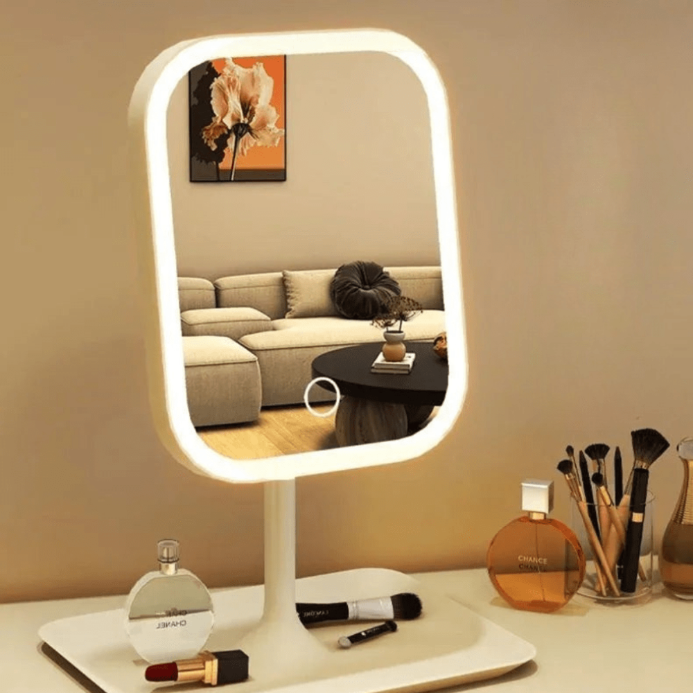Rechargeable makeup mirror with Integrated Storage Tray - Modern Minimalist
