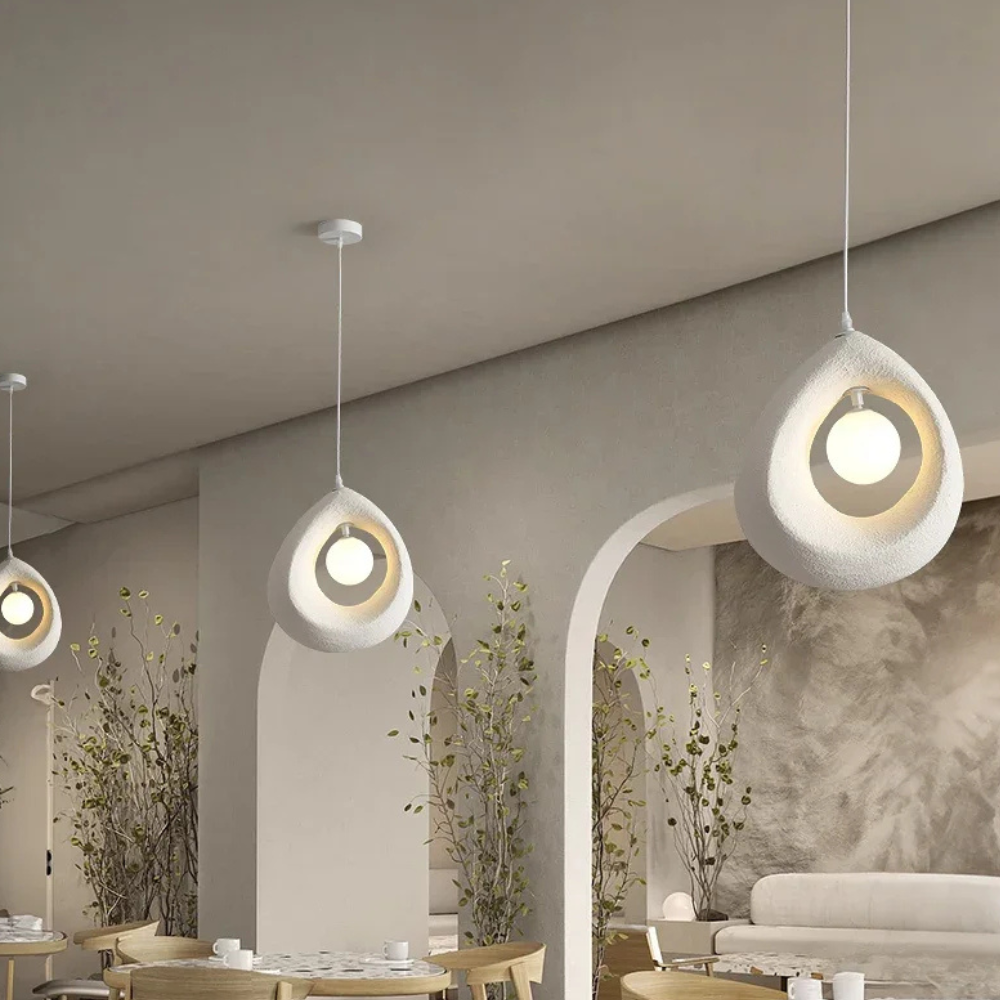 Hollow Stone-Style Hanging Lamp with Glowing Orb - Nordic Earthy Decor