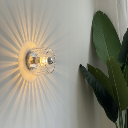 Modern Round Starburst Ribbed Glass Wall Sconce - Brass Art Deco Lamp