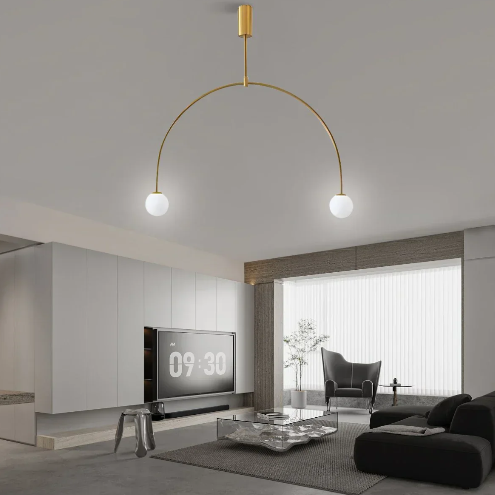 Chandelier with Arched Metal Frame and Glass Globes - Modern Mid Century